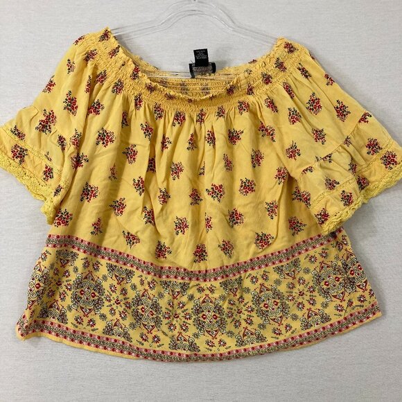 Angie Yellow Floral Off The Shoulder Smocked Boho Top Large Vacation - Picture 1 of 8